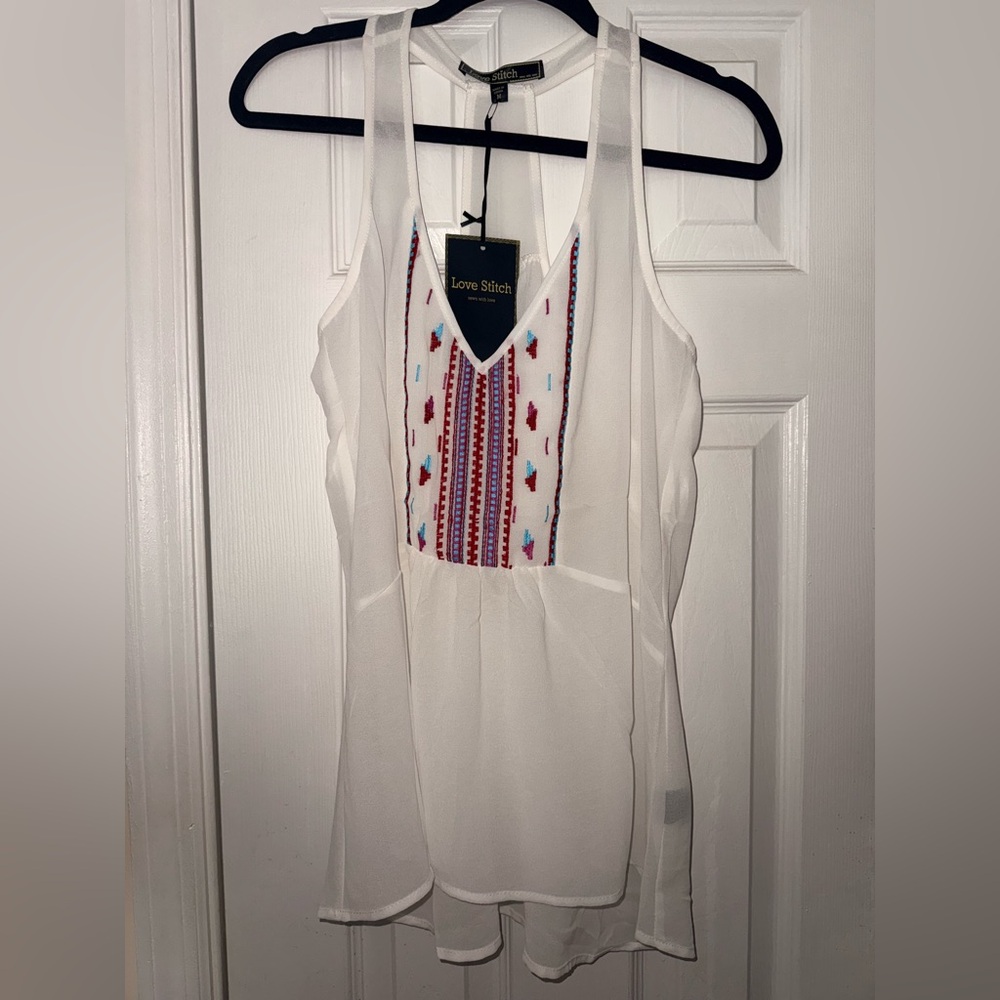 Love Stitch White Pink Asymmetrical Embellished Tank Top